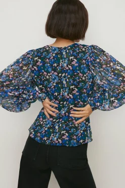 New Oasis Ditsy Chiffon Long Sleeve Top Blue