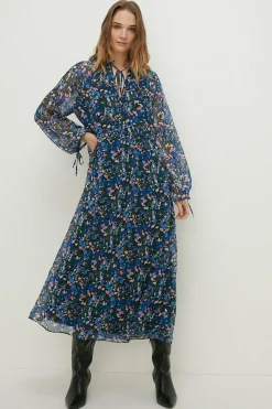 Online Oasis Ditsy Chiffon Pleated Long Sleeve Midi Dress Blue