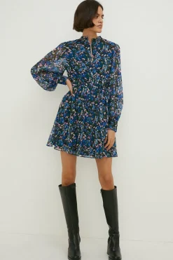 Discount Oasis Ditsy Chiffon Pleated Long Sleeve Skater Dress Blue