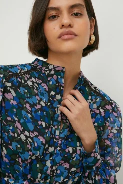 Discount Oasis Ditsy Chiffon Pleated Long Sleeve Skater Dress Blue