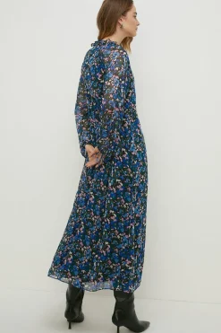Online Oasis Ditsy Chiffon Pleated Long Sleeve Midi Dress Blue