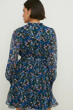 Discount Oasis Ditsy Chiffon Pleated Long Sleeve Skater Dress Blue