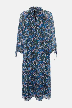 Online Oasis Ditsy Chiffon Pleated Long Sleeve Midi Dress Blue