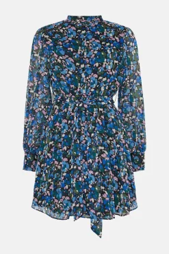 Discount Oasis Ditsy Chiffon Pleated Long Sleeve Skater Dress Blue