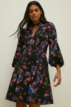 Sale Oasis Ditsy Floral Balloon Sleeve Skater Dress Multi