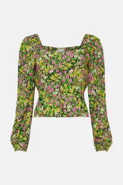 Hot Oasis Ditsy Floral Button Front Top Green