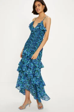 Best Oasis Ditsy Floral Ruched Ruffle Dip Hem Midi Dress Blue