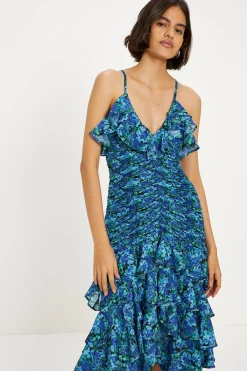 Best Oasis Ditsy Floral Ruched Ruffle Dip Hem Midi Dress Blue