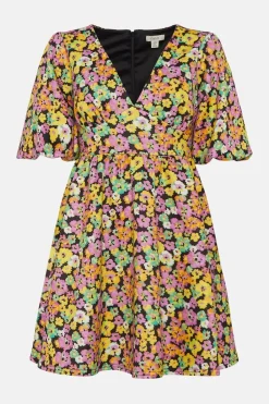 Outlet Oasis Ditsy Floral Scuba Puff Sleeve Skater Dress Multi