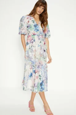 Clearance Oasis Ditsy Floral Wrap Puff Sleeve Organza Midi Dress Ivory