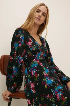 New Oasis Ditsy Print Button Front Skater Dress Black