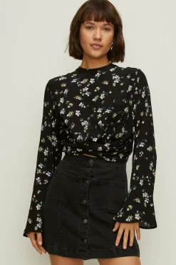 Hot Oasis Ditsy Print Twist Hem Top Black