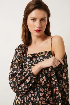 Online Oasis Ditsy Satin Twill Tie Front Top Black