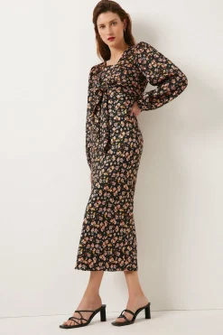 Online Oasis Ditsy Satin Twill Tie Front Top Black