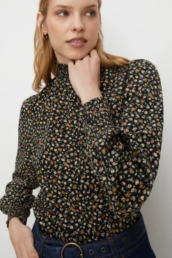 Hot Oasis Ditsy Shirred High Neck Top Black