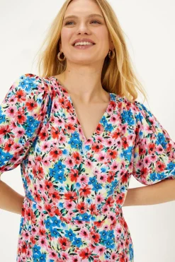 Fashion Oasis Ditsy V Neck Shirred Midi Dress Multi