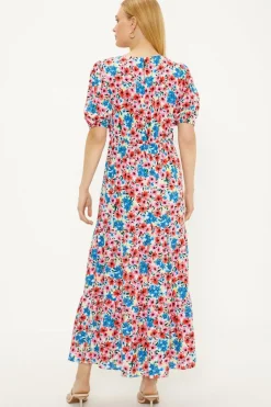 Fashion Oasis Ditsy V Neck Shirred Midi Dress Multi