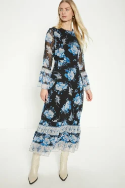 Sale Oasis Dobby Chiffon Blue Midi Dress Floral
