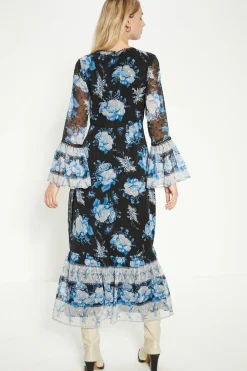 Sale Oasis Dobby Chiffon Blue Midi Dress Floral