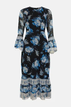 Sale Oasis Dobby Chiffon Blue Midi Dress Floral