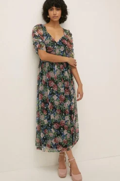 Best Oasis Dobby Mesh Floral Puff Sleeve Midi Dress Multi
