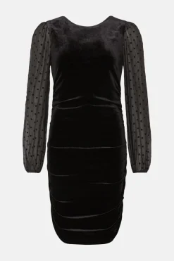 Clearance Oasis Dobby Mesh Sleeve Velvet Ruched Mini Dress Black