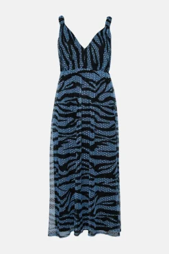 New Oasis Dobby Mesh Zebra Knot Strap Midi Dress Blue