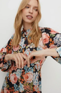 Online Oasis Dobby Satin Floral Button Front Skater Dress Black