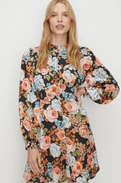 Online Oasis Dobby Satin Floral Button Front Skater Dress Black