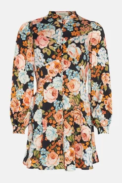 Online Oasis Dobby Satin Floral Button Front Skater Dress Black