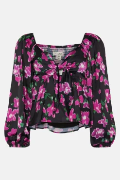 Sale Oasis Dobby Satin Floral Tie Front Top Black