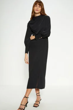 New Oasis Draped Crepe Button Detail Midi Dress Black