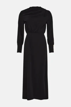 New Oasis Draped Crepe Button Detail Midi Dress Black