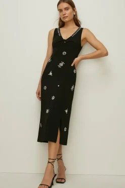 Hot Oasis Embellished Cady Crepe Twist Front Midi Dress Black