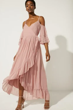 Best Oasis Embellished Cold Shoulder Wrap Midi Dress Blush