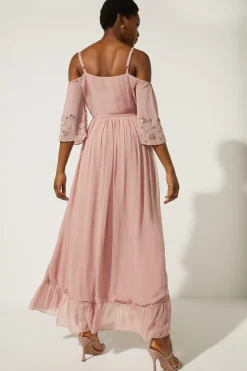 Best Oasis Embellished Cold Shoulder Wrap Midi Dress Blush