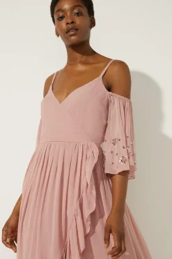 Best Oasis Embellished Cold Shoulder Wrap Midi Dress Blush