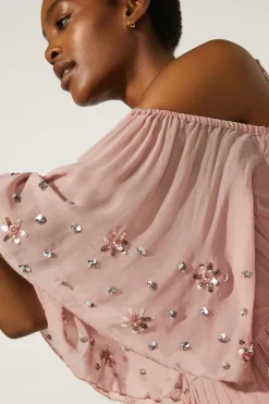Best Oasis Embellished Cold Shoulder Wrap Midi Dress Blush