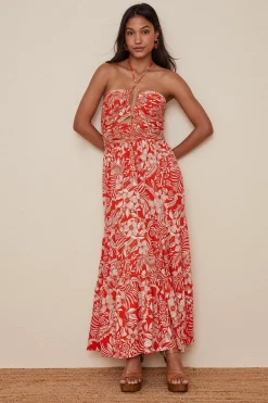 Outlet Oasis Embellished Cut Out Keyhole Midi Dress Coral