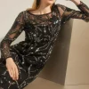 Clearance Oasis Embellished Floral Sheer Column Midi Dress Black