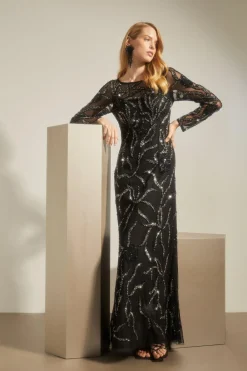 Clearance Oasis Embellished Floral Sheer Column Midi Dress Black