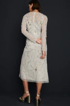 Sale Oasis Embellished Floral Sheer Column Midi Dress Nude