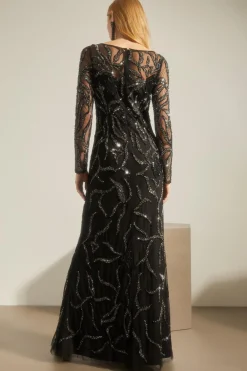 Clearance Oasis Embellished Floral Sheer Column Midi Dress Black