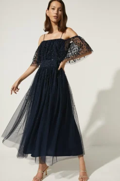 Sale Oasis Embellished Mesh Bardot Midi Dress Sage
