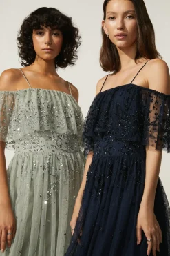 Sale Oasis Embellished Mesh Bardot Midi Dress Sage