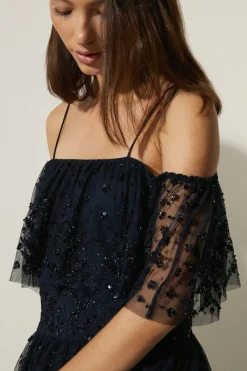 Sale Oasis Embellished Mesh Bardot Midi Dress Sage