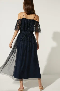 Sale Oasis Embellished Mesh Bardot Midi Dress Sage