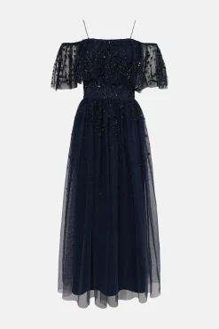 Sale Oasis Embellished Mesh Bardot Midi Dress Sage