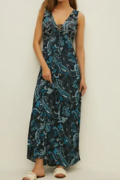 Fashion Oasis Embellished Paisley Lattice Maxi Dress Navy