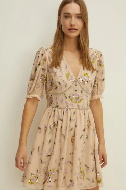 Fashion Oasis Embellished Pretty Floral V Neck Mini Dress Sage